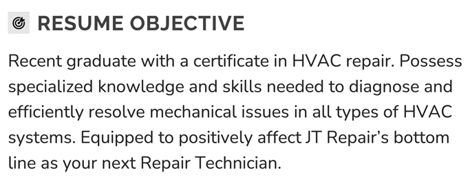 An entry-level resume objective example with an icon of an arrow hitting a target, a large gray header, and three sentences describing the applicant's HVAC training and skills