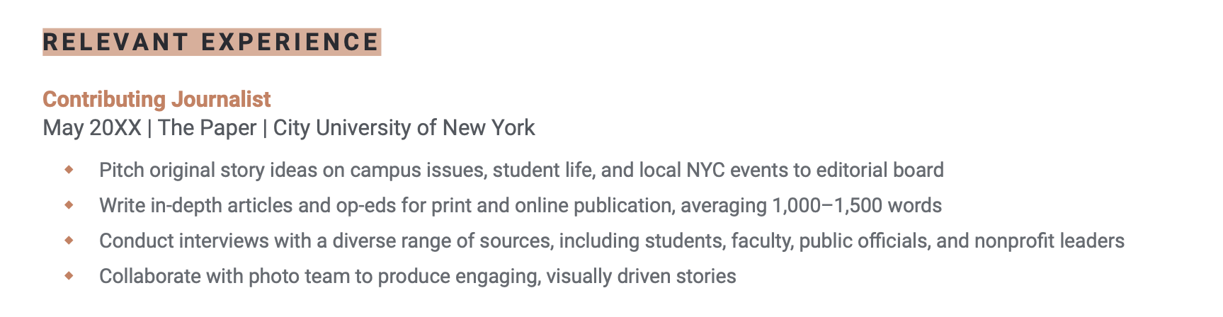 Example of how to fill out the experience section of an entry level resume template