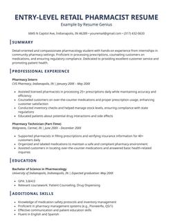 An entry-level retail pharmacist resume example.