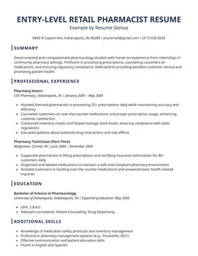 An entry-level retail pharmacist resume example.