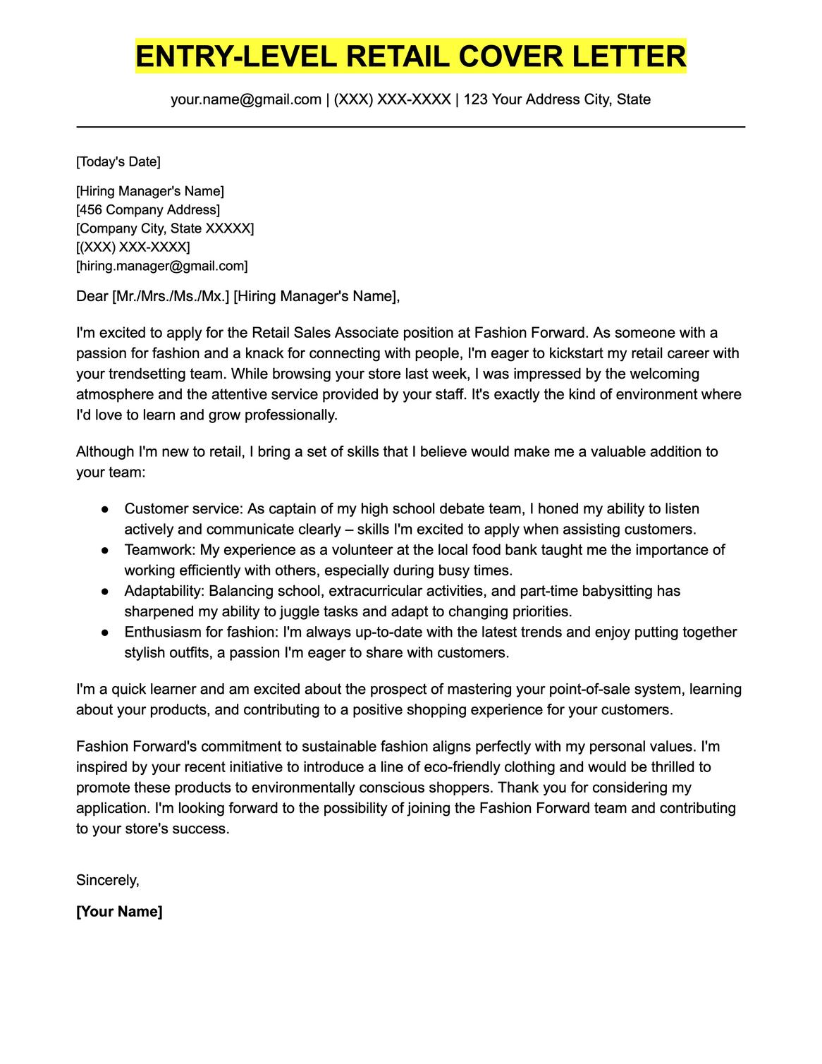 An example cover letter for an entry-level retail sales associate position.