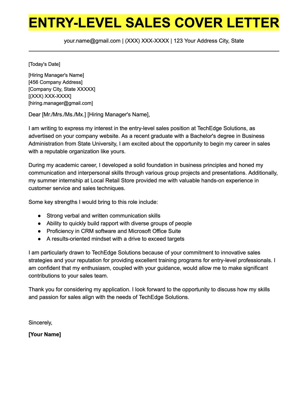 An example cover letter for an entry-level sales position.