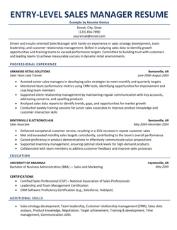 An example resume for an entry-level sales manager.