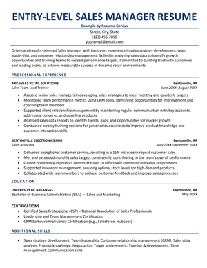 An example resume for an entry-level sales manager.