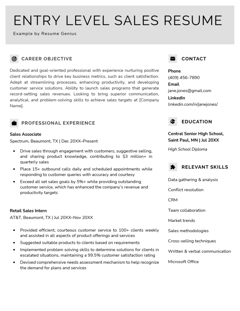 Entry Level Sales Resume Example Free Template   Entry Level Sales Resume Example 791x1024 