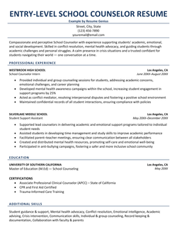 An entry-level school counselor resume example.
