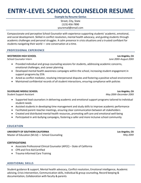 An entry-level school counselor resume example.