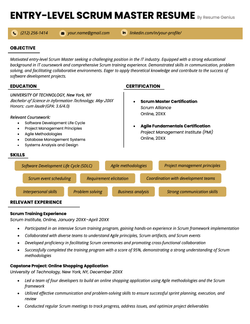 An entry-level scrum master resume that highlights the candidate's education, certification and relevant skills at the top, with a relevant experience section at the bottom. The resume uses yellow bubbles to highlight the candidate's contact information and skills.