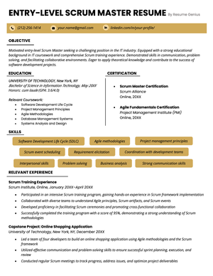 An entry-level scrum master resume that highlights the candidate's education, certification and relevant skills at the top, with a relevant experience section at the bottom. The resume uses yellow bubbles to highlight the candidate's contact information and skills.
