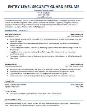 A good example of an entry-level security guard resume