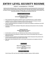 An entry-level security resume using a black and white template with a simple layout.