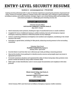 An entry-level security resume using a black and white template with a simple layout.