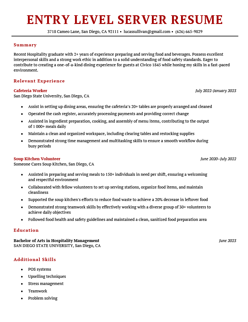 An entry-level server resume example on a template with a red header resume section headings.