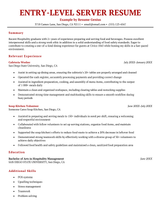 An entry-level server resume example on a template with a red header resume section headings.