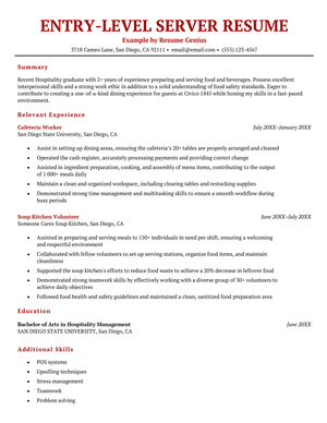 An entry-level server resume example on a template with a red header resume section headings.