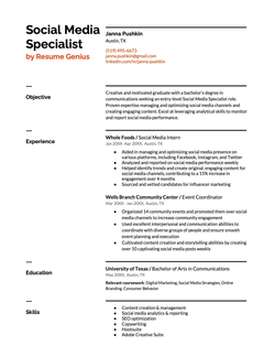 An example of a social media specialist resume on a simple template with a sans-serif font and orange text accents in the header.
