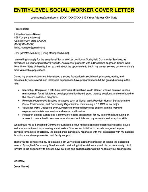 An example cover letter for an entry-level social worker.
