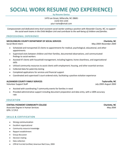 An entry level social work resume example (no experience).