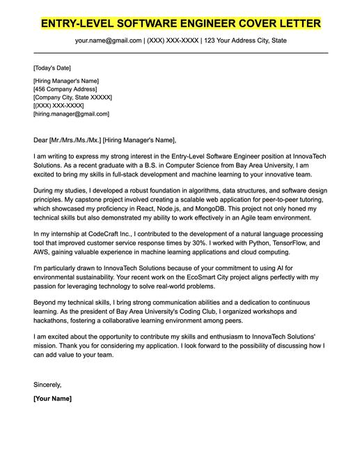 An example cover letter for an entry-level software engineer.