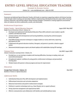 An entry-level special education teacher resume example.