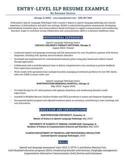 An example of a resume for an entry-level speech-language pathologist position, with four sections including a summary, professional experience bullet points, education and certifications, and skills.