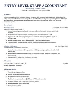An entry-level staff accountant resume example.