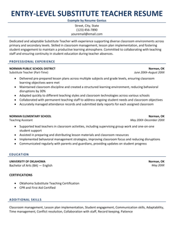 An entry-level substitute teacher resume example.