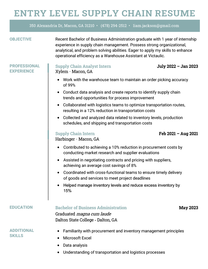 A turquoise entry level supply chain resume written for a candidate with 1 year of internship experience in supply chain management and analysis.