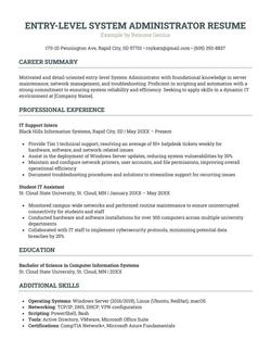 A resume example for an entry-level system administrator.
