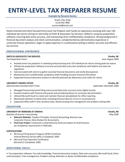An entry-level tax preparer resume example.