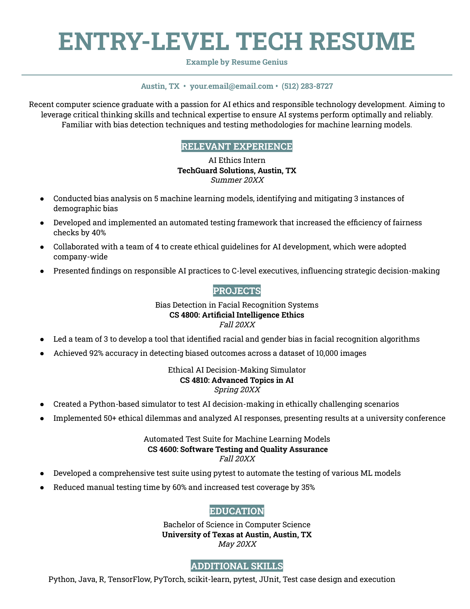 An example resume for an entry-level tech professional.