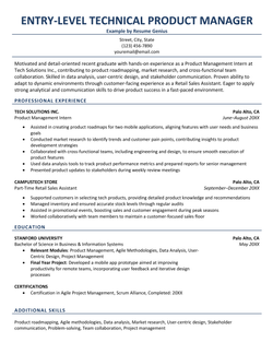 An entry-level technical product manager resume example.