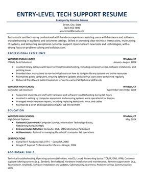 An entry-level technical support resume example.