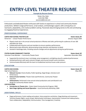 An entry-level theater resume example.