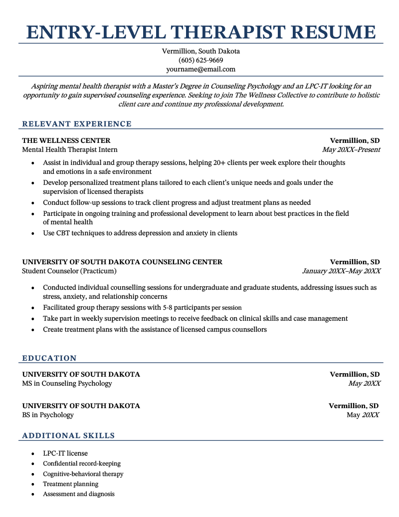 An entry-level therapist resume using a blue template.