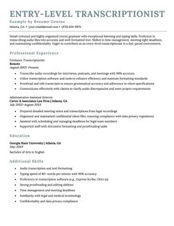 A resume example for an entry-level transcriptionist.
