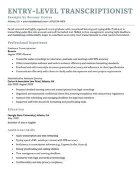 A resume example for an entry-level transcriptionist.