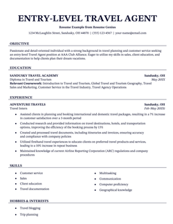 A resume example for an entry-level travel agent.