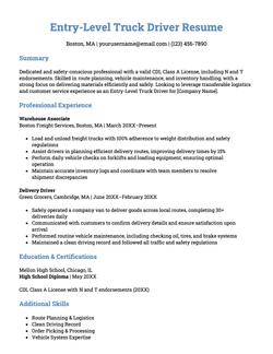 An example resume for an entry-level truck driver.