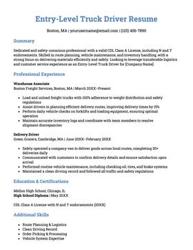 An example resume for an entry-level truck driver.