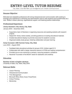 An entry-level tutor resume example.