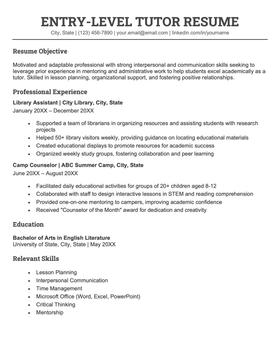An entry-level tutor resume example.