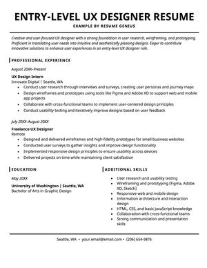A resume example for an entry-level UX designer.
