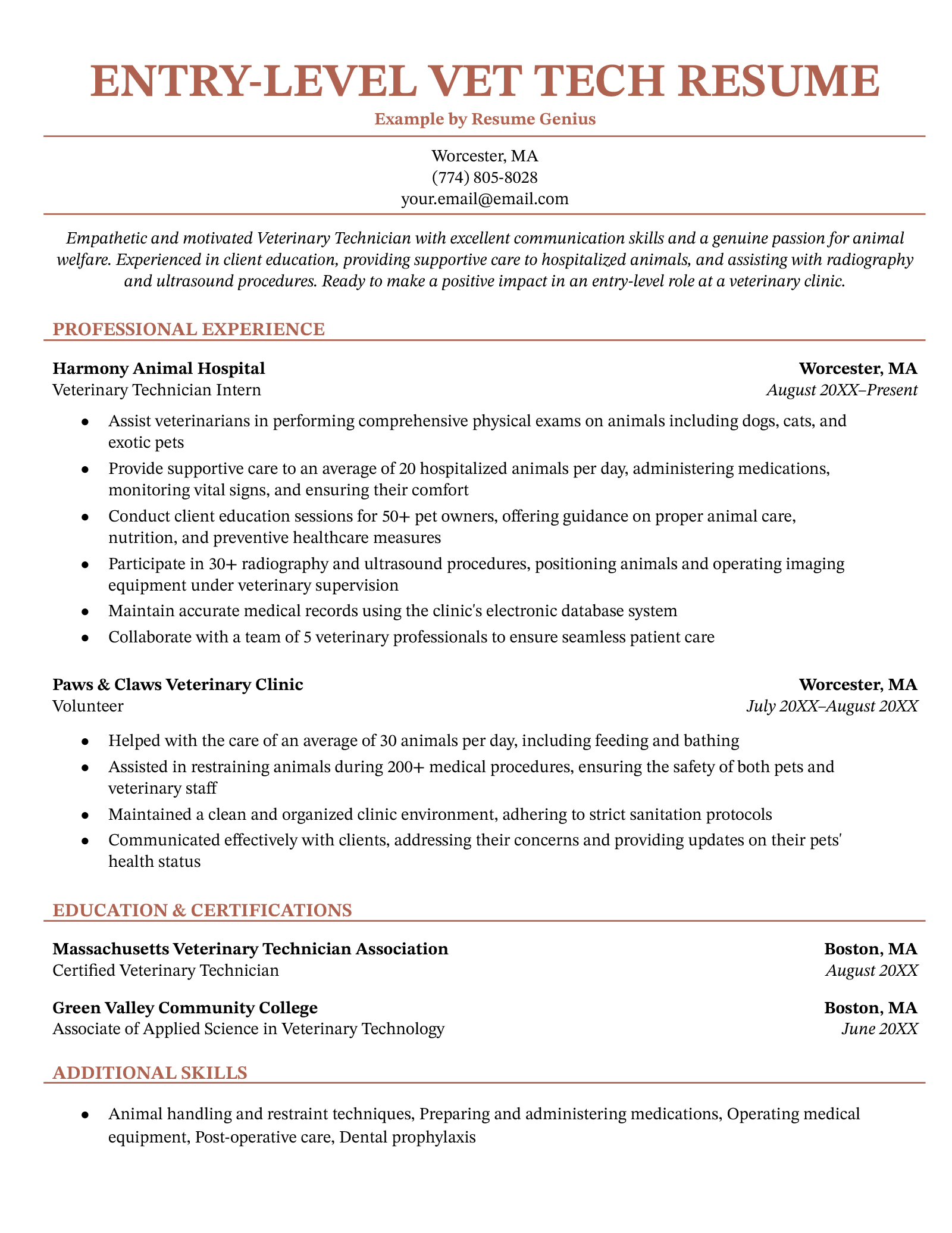 An example resume for an entry-level vet tech.