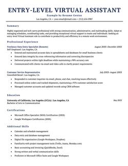An example resume for an entry-level virtual assistant.