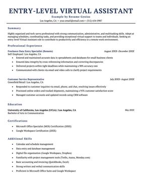An example resume for an entry-level virtual assistant.