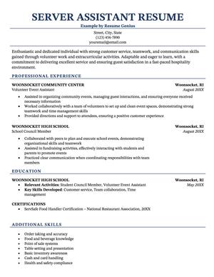 An entry level waiter/waitress resume on a blue template.
