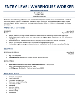 A resume example for an entry-level warehouse worker.