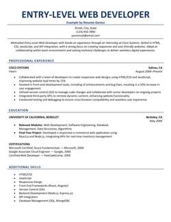 A resume example for an entry-level web developer.