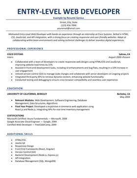 A resume example for an entry-level web developer.